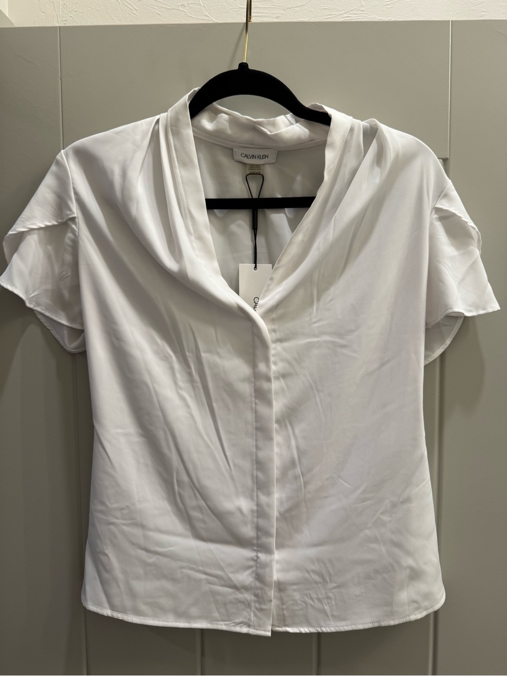 Calvin Klein White Draped Collar Short Sleeve Blouse